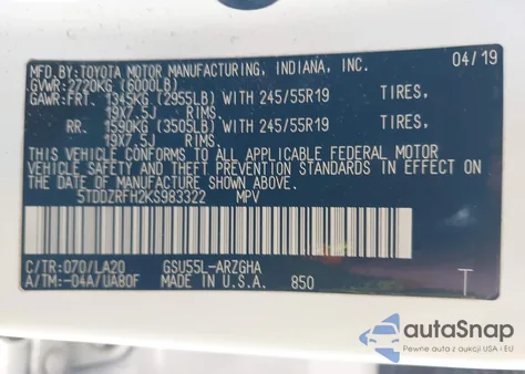 2019 Toyota Highlander Limited from USA, damaged, VIN 5TDDZRFH2KS983322